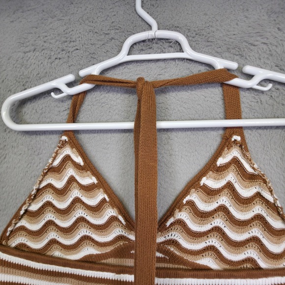 Y2K Crochet Halter Top Juniors 2X Brown White Knit Striped Cropped Boho Festival - Picture 7 of 9